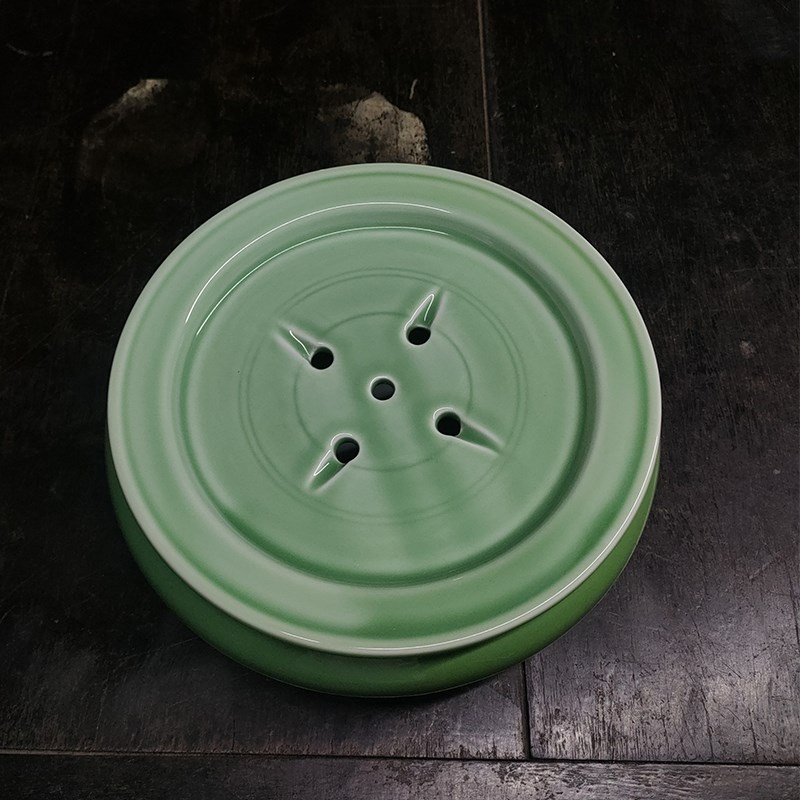 绿釉茶船潮汕陶瓷功夫茶具圆形茶盘储水式空船托盘简约办公家用