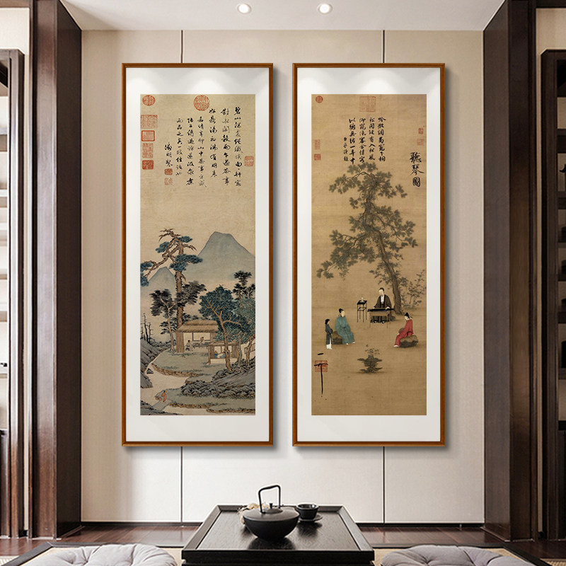 新中式玄关入户挂画装饰画山水风景画客厅品茶图书房茶室仿古壁画