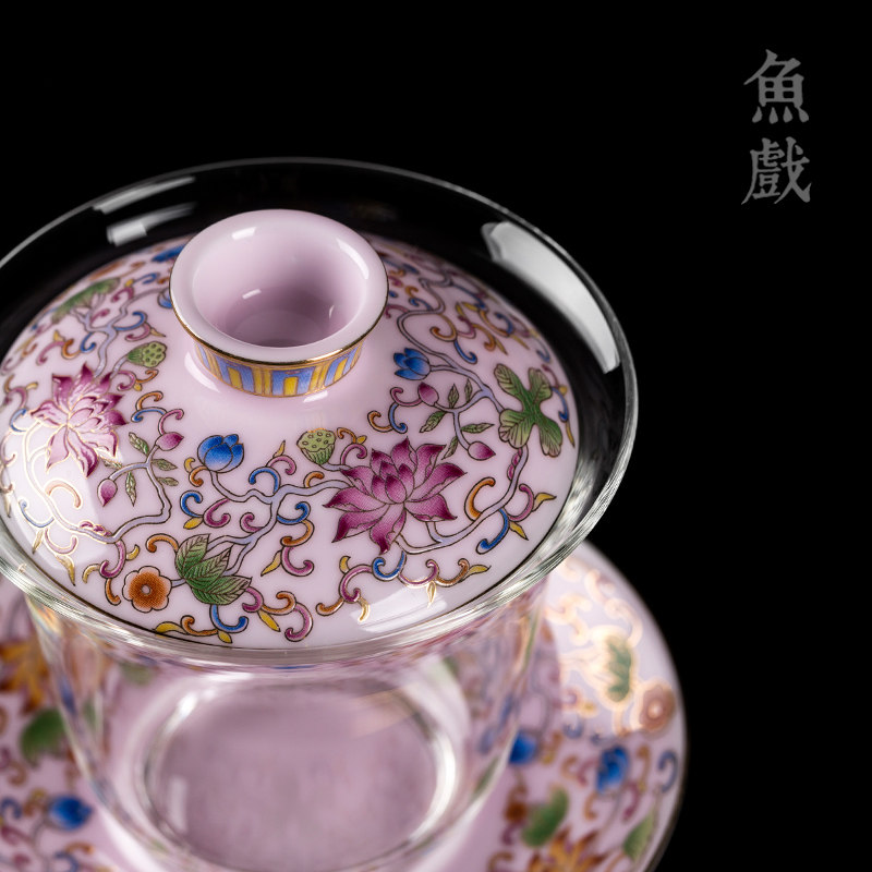 中式透明加厚耐热玻璃盖碗茶杯功夫茶具防烫三才陶瓷泡茶茶碗带盖