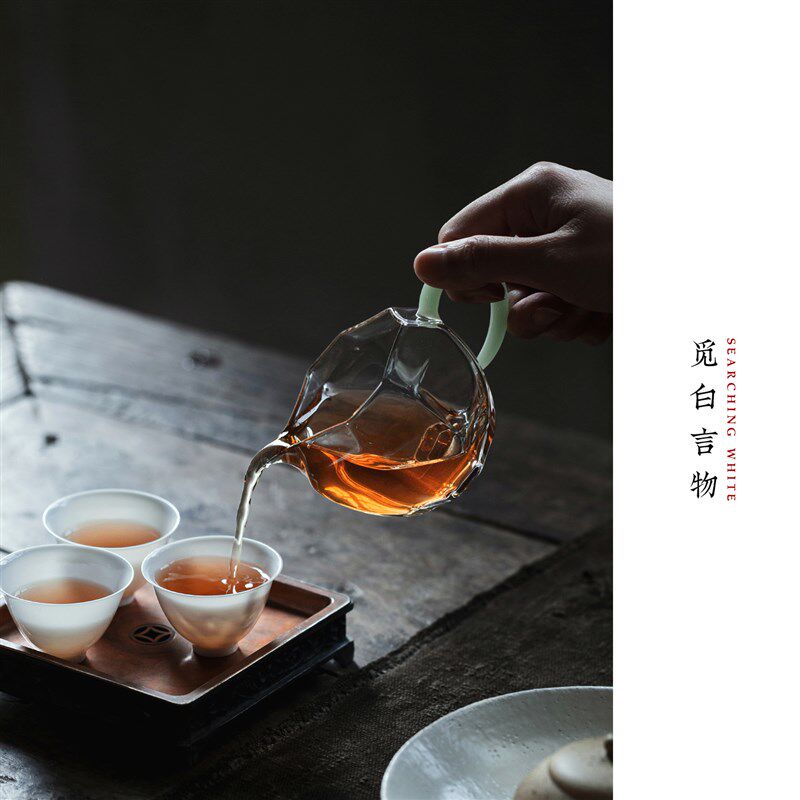 觅白玉见瓜棱公道杯高硼硅匀杯耐高温分茶器八方手工茶海带把功夫图片