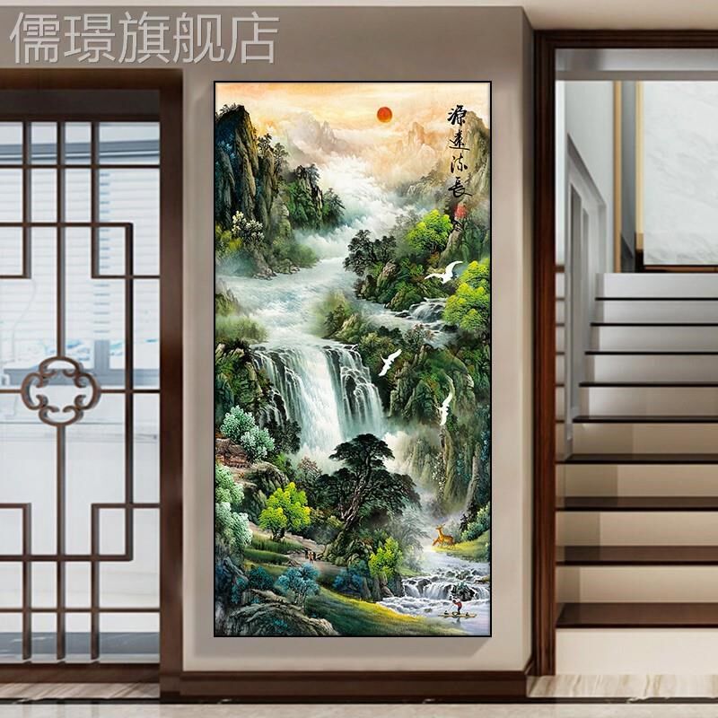 网红入新中式玄关装饰画走廊道尽头山水画竖版门挂画鸿运当过头墙