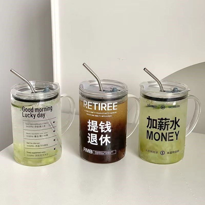 物小满提前退休加薪水1L大容量高硼硅玻璃水杯带把手吸管饮料水杯 - 实物图