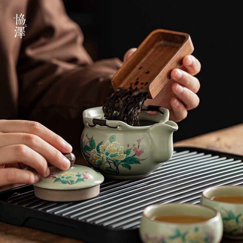 汝窑户外便携旅行手抓壶可收纳泡茶盖碗豆青釉色功夫茶具茶杯茶盘