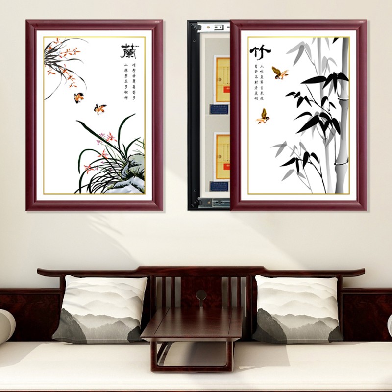 餐厅新中式实木推拉装饰画国画电表箱液压上翻二联电闸箱画免打孔