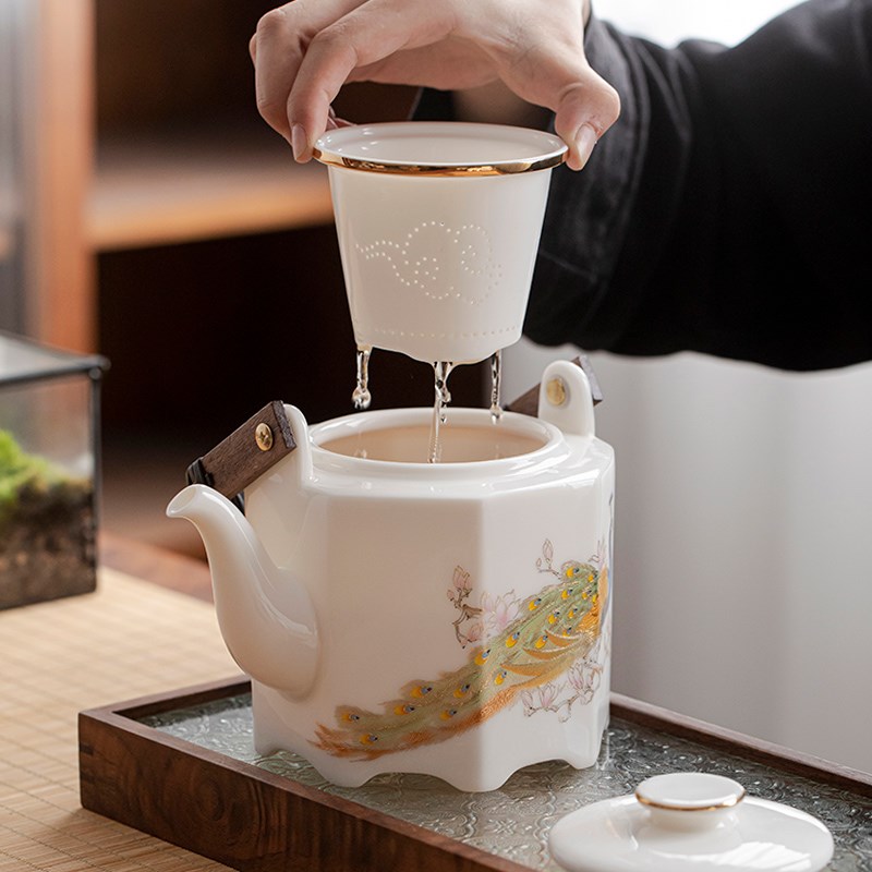 陶瓷茶壶单壶大容量提梁壶家用泡茶一套高档茶水分离高白瓷泡茶壶