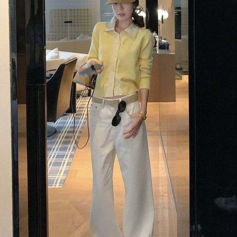 韩系黄色拼接衬衫领针织衫女假两件蕾丝温柔风修身上衣牛仔裤套装