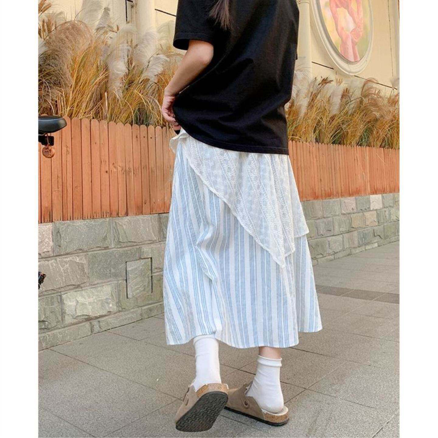 韩版蕾丝蓝色条纹半身裙女秋季2026新款小个子松紧高腰字长裙子