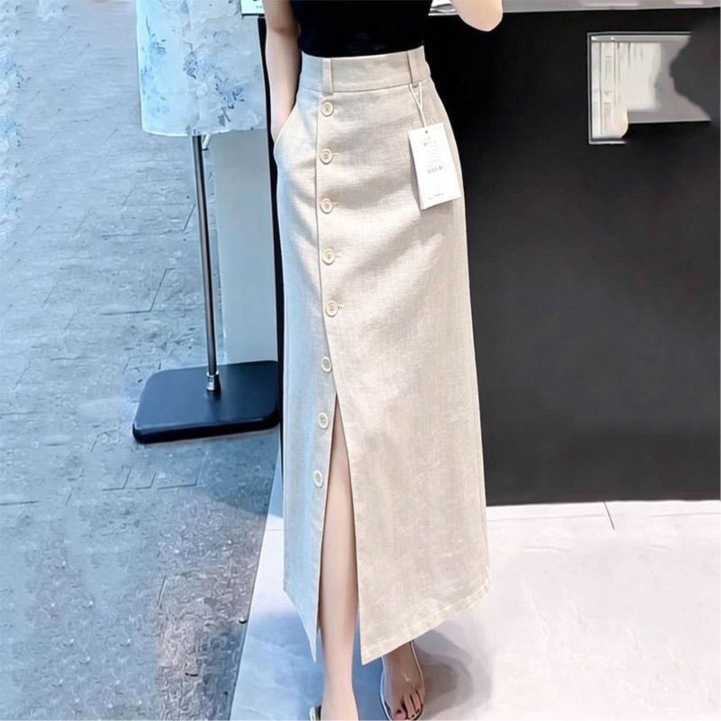 高级感单排扣开叉半身裙女2026夏季新款通勤风高腰显瘦直筒长裙