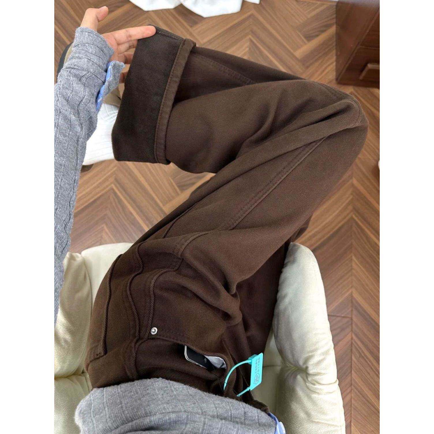 加绒窄版直筒裤小个子美拉德棕咖色裤子女胖大码显瘦弯刀牛仔裤