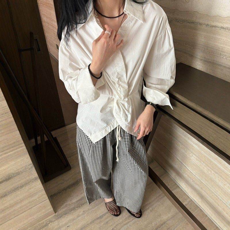 现货特价纽结蕾丝拼接领收腰显瘦衬衫冬季减龄小众长袖上衣