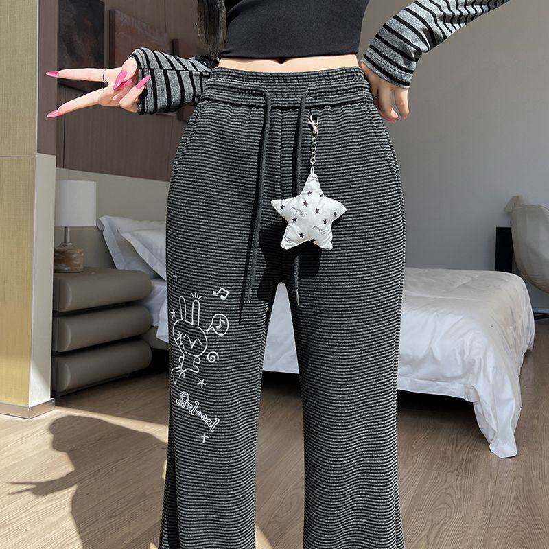 美式复古星星条纹微喇裤女生秋季辣妹高腰修身显瘦垂感休闲长裤子