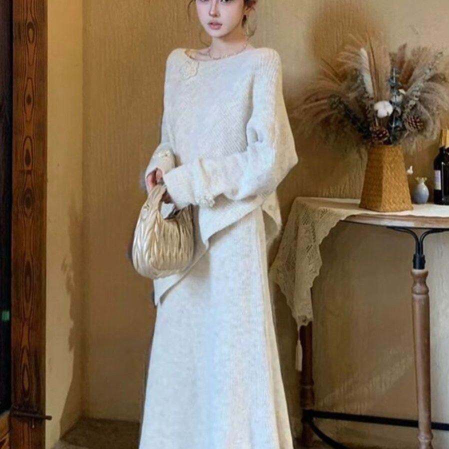 针织套装韩系半身裙两件套秋冬不规则香风上衣气质裙子遮肉长款