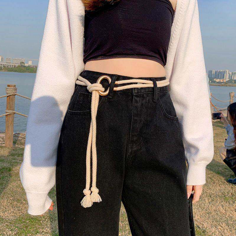 黑色高腰牛仔裤女设计感绑带2026新款宽松直筒裤显瘦阔腿拖地长裤