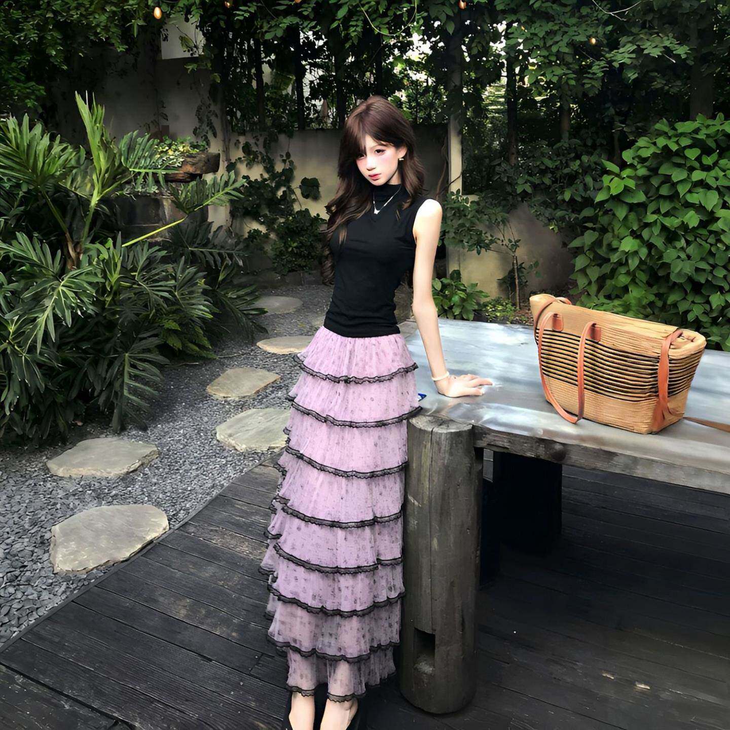 法式花边紫色蛋糕蕾丝半身裙高腰显瘦纱裙建议身高160以上