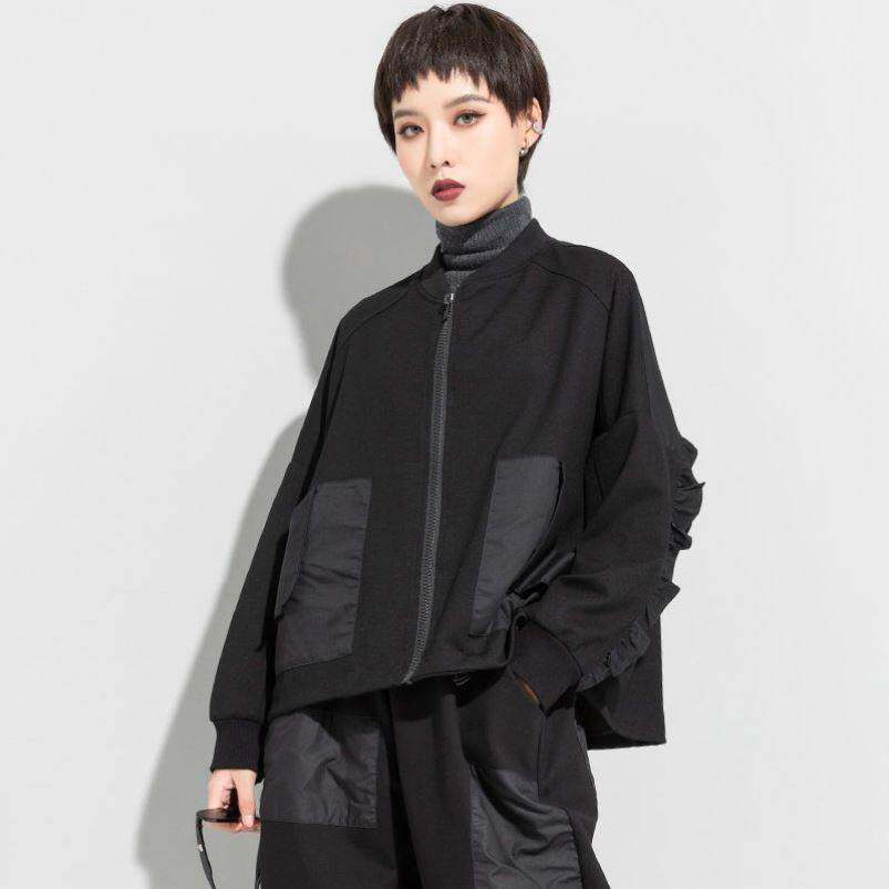 秋冬新款开衫上衣欧美女装个性后背荷叶边拼接字型短款宽松外套