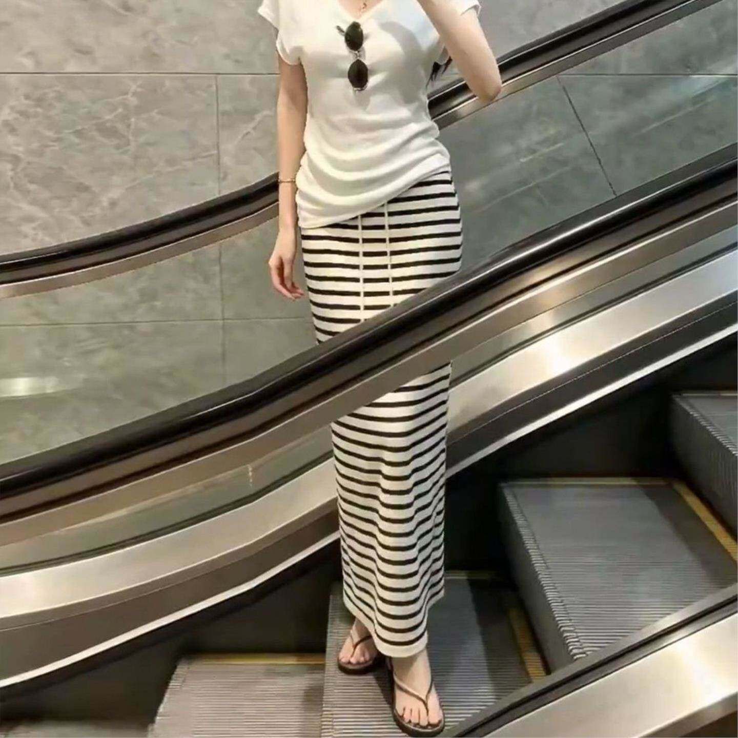 超仙高个子慵懒垂感条纹针织半身裙女夏季新款高腰系带包臀长裙子