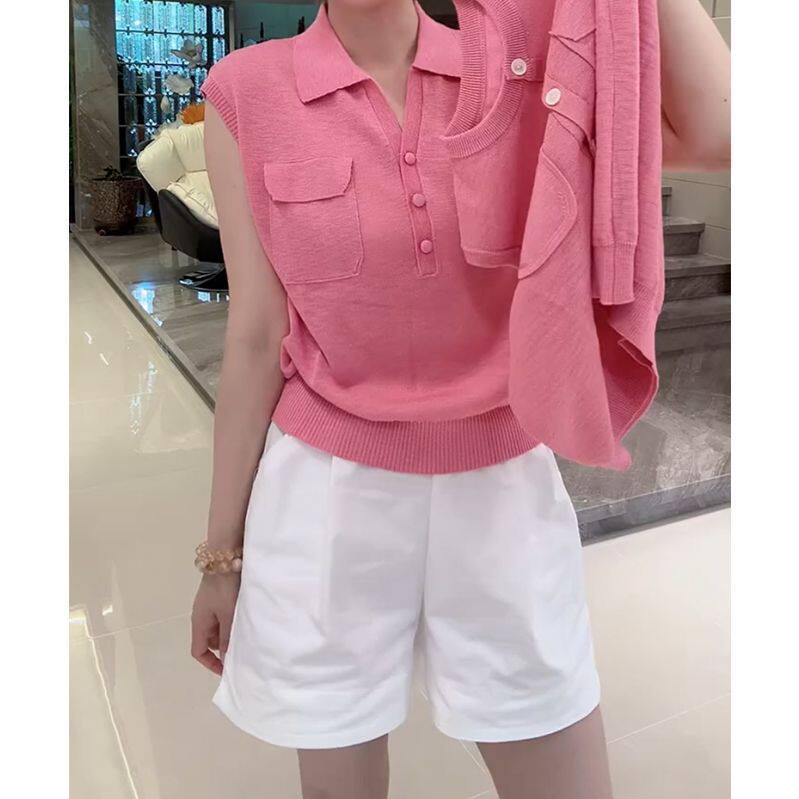 粉红色覆古无袖pol领冰丝