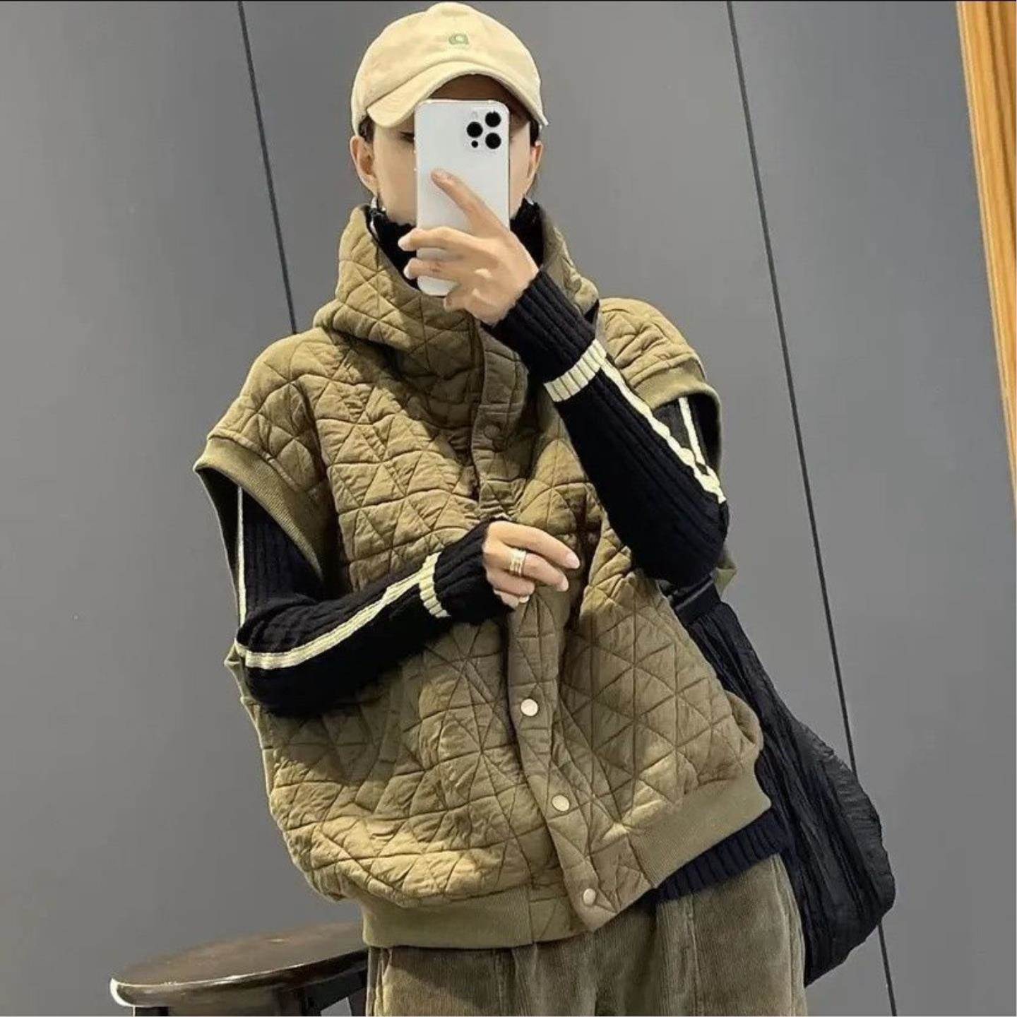 欧货时尚秋冬款慵懒随性文艺休闲纯色菱形格连帽卫衣马夹外套