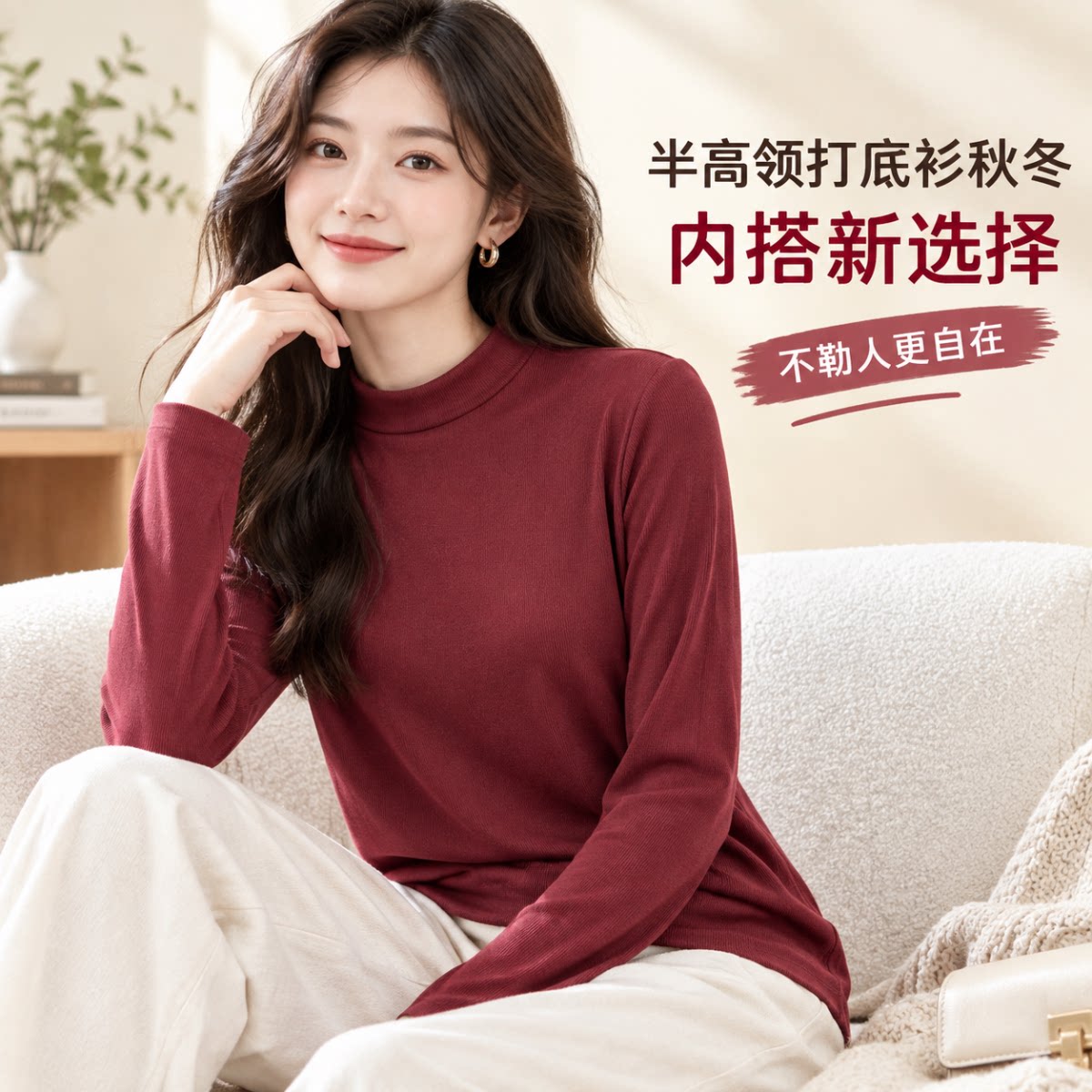 秋季半高领细腻柔软堆堆领长袖打底衫女贴身内搭修身女士秋衣