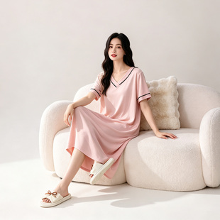 莫代尔短袖睡裙女夏季带胸垫V领家居服可外穿