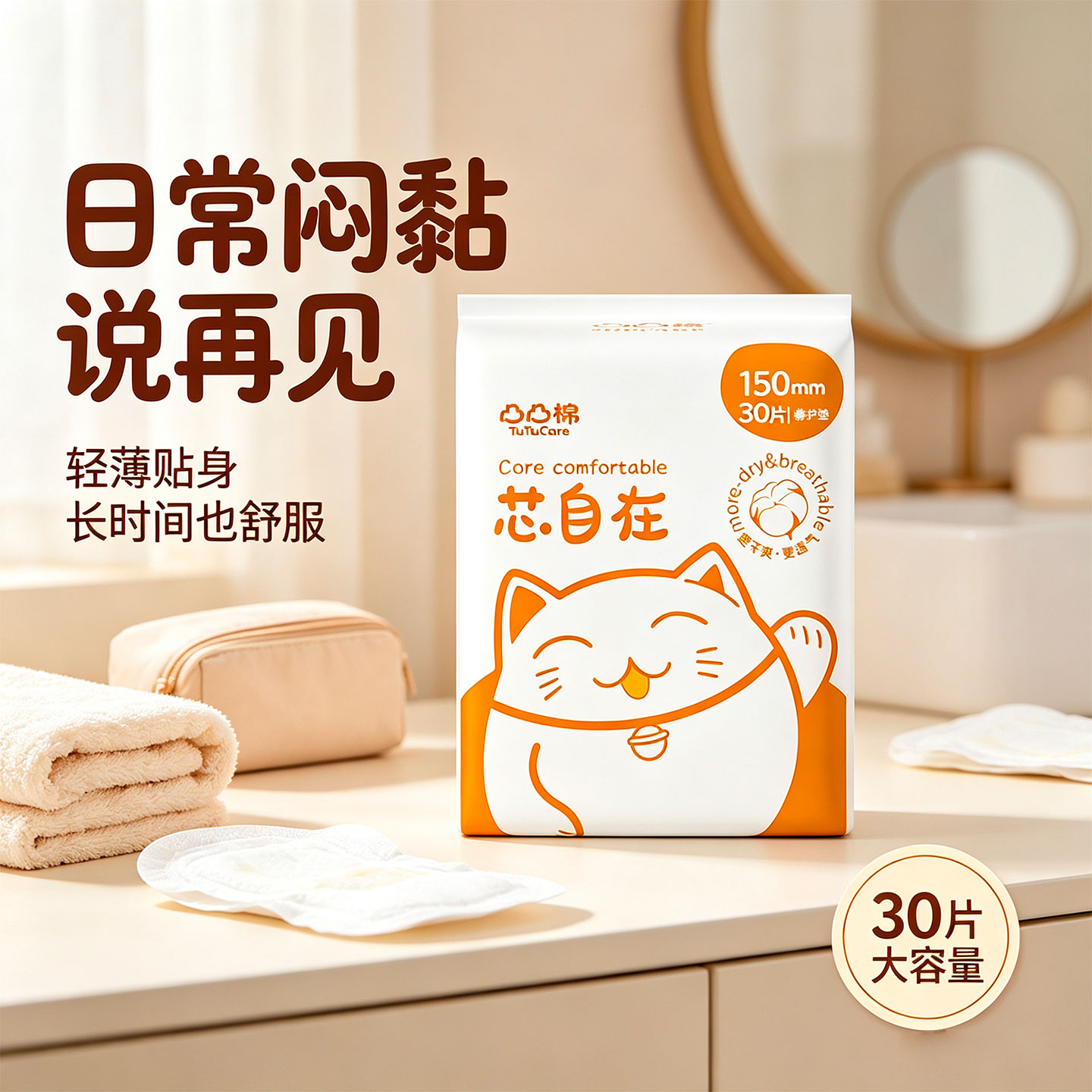 凸凸棉护垫芯自在150mm薄款透气便携女生日常护垫经期前后护理垫图片