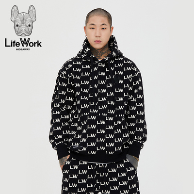 LIFEWORK HIDEAWAY轻奢潮牌满印字母连帽卫衣男黑色保暖男女同款