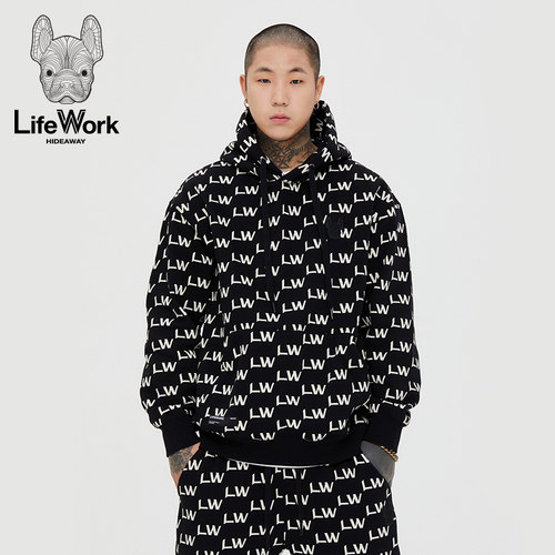 LIFEWORK HIDEAWAY轻奢潮牌满印字母连帽卫衣男黑色保暖男女同款