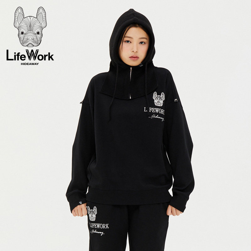 LIFEWORK HIDEAWAY街头休闲连帽卫衣半拉链女黑色字母宽松上衣图片
