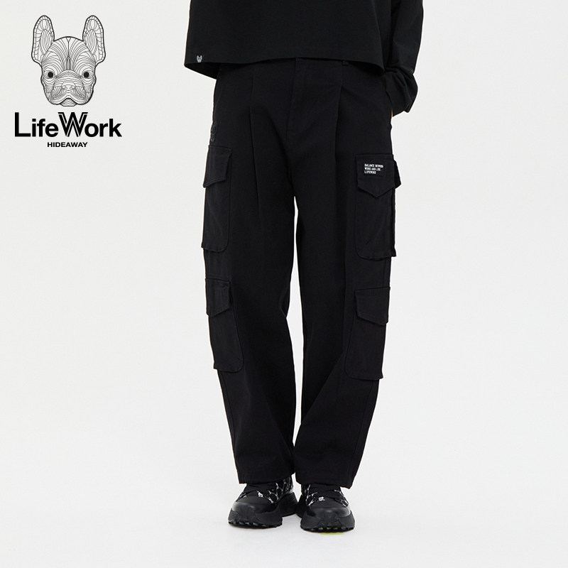 LIFEWORK HIDEAWAY冰感黑色多口袋工装裤女宽松直筒松紧腰休闲裤
