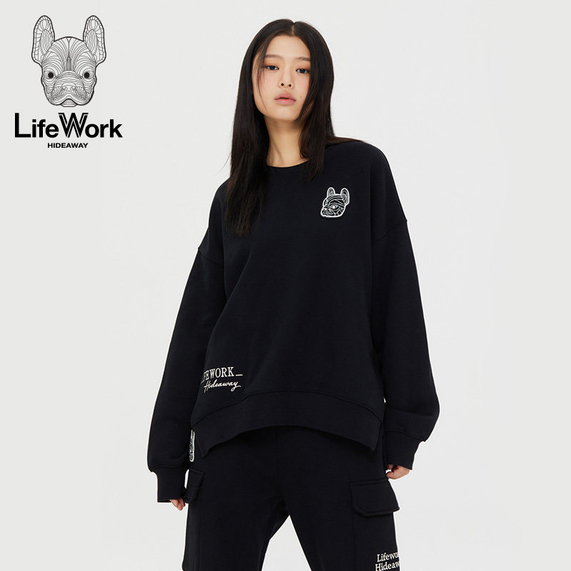 LIFEWORK HIDEAWAY法斗犬图案刺绣黑色圆领卫衣女宽松套头上衣