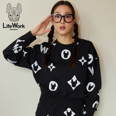 LIFEWORK HIDEAWAY满印法斗犬黑色logo圆领套头印花卫衣女宽松