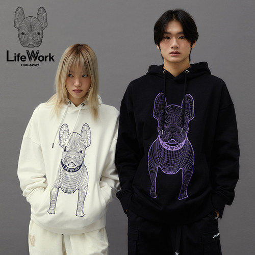 LIFEWORK HIDEAWAY爆款法斗印花连帽卫衣女黑色松弛感宽松上衣