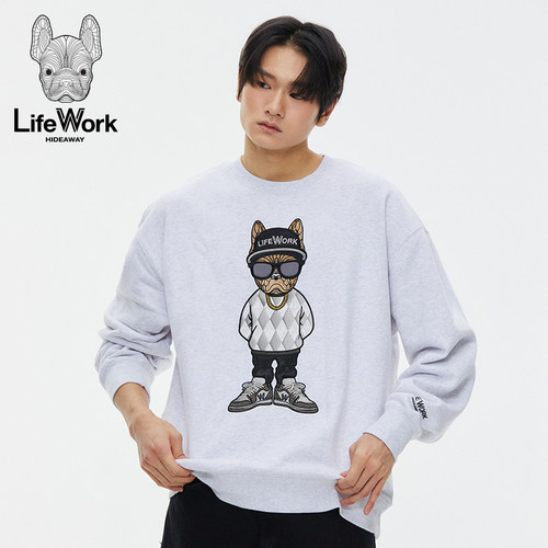 LIFEWORK HIDEAWAY法斗犬圆领套头卫衣男宽松落肩灰色长袖上衣