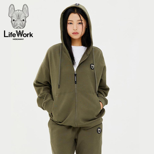 LIFEWORK HIDEAWAY连帽卫衣女军绿色拉链开衫休闲外套百搭卫衣