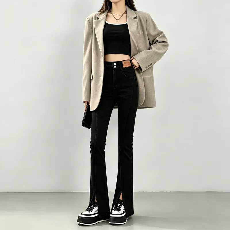 黑色前开叉微喇叭牛仔裤女秋季2026新款高腰修身弹力马蹄喇叭裤子