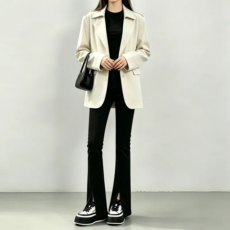 黑色前开叉微喇叭牛仔裤女秋季2026新款高腰修身弹力马蹄喇叭裤子