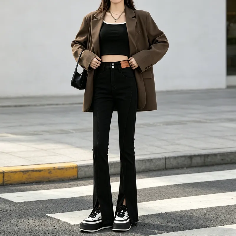 黑色前开叉微喇叭牛仔裤女秋季2026新款高腰修身弹力马蹄喇叭裤子