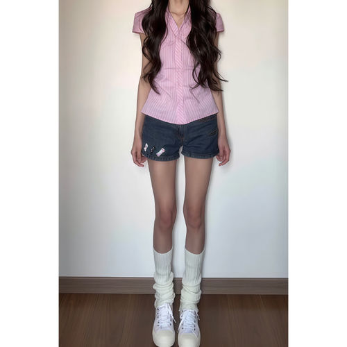 美式复古灰色低腰牛仔短