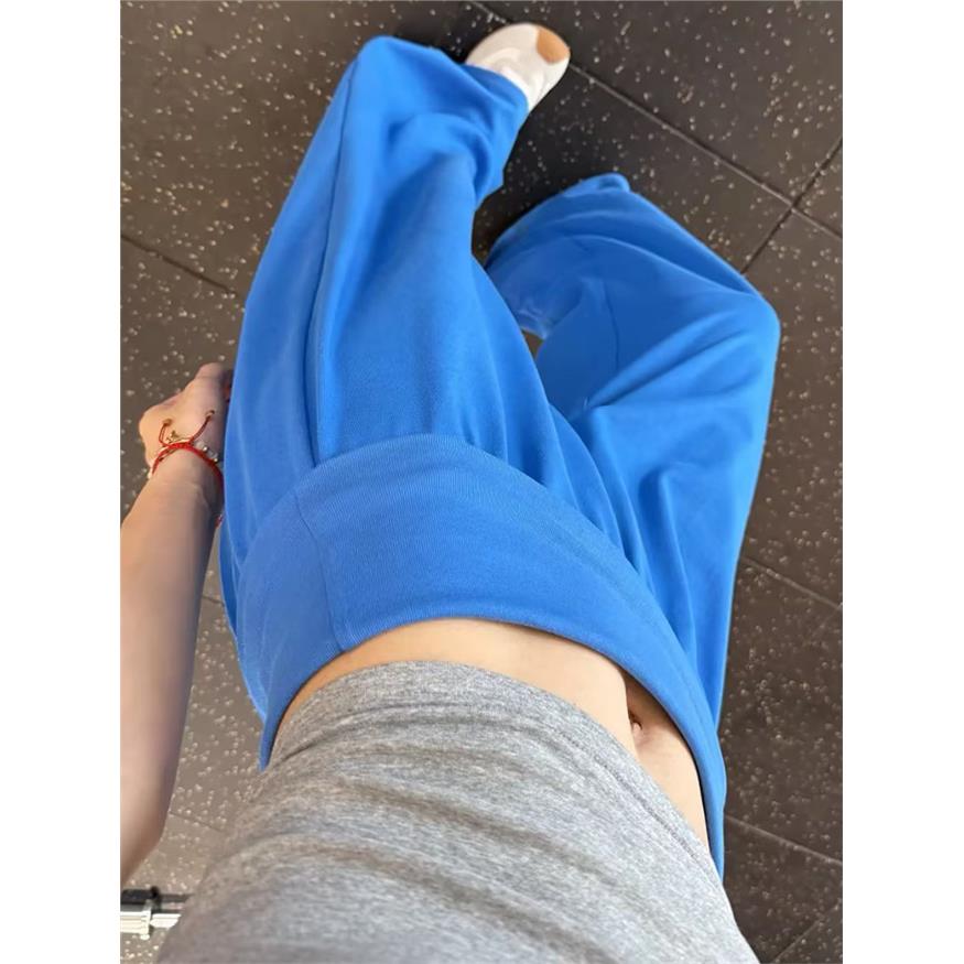 克莱因蓝翻腰阔腿裤女夏季薄款宽松直筒休闲小个子瑜伽健身运动裤