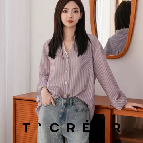 T`CREER｜【云璟】春季韩系通勤休闲简约拼接条纹衬衣女