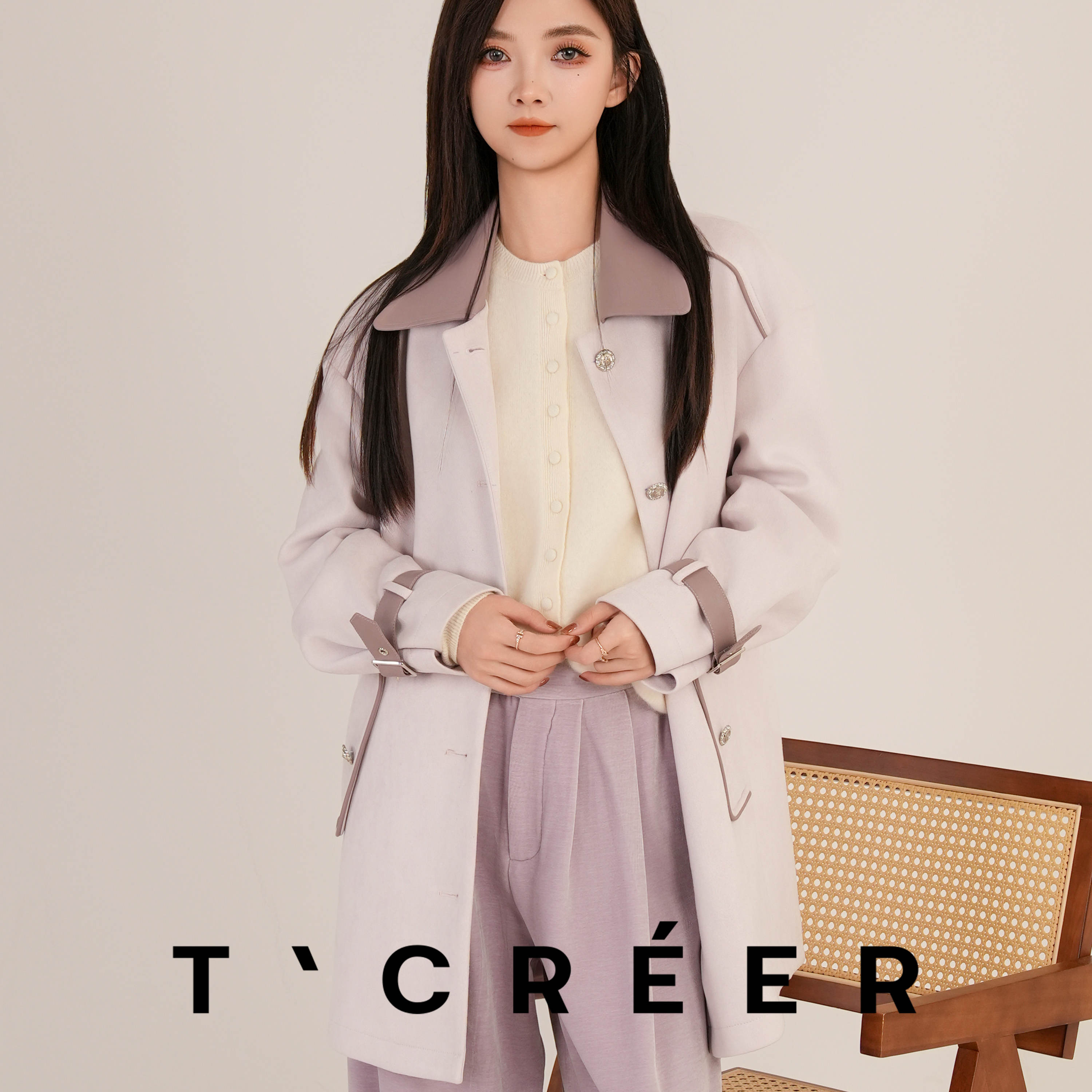 【内购会】T`CREER｜【岚溪花信】韩系时尚设计撞色翻领中长款外