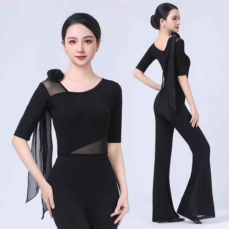 形体训练服装女舞蹈模特走秀练功服套装高腰喇叭裤气质礼仪导师