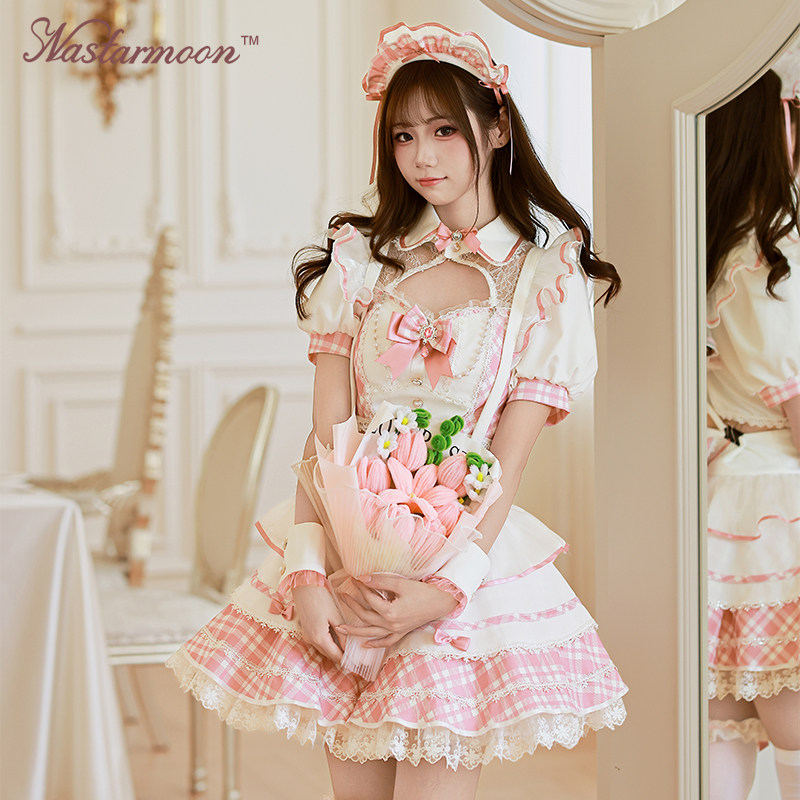 甜美风粉色lolita分体小短裙制服