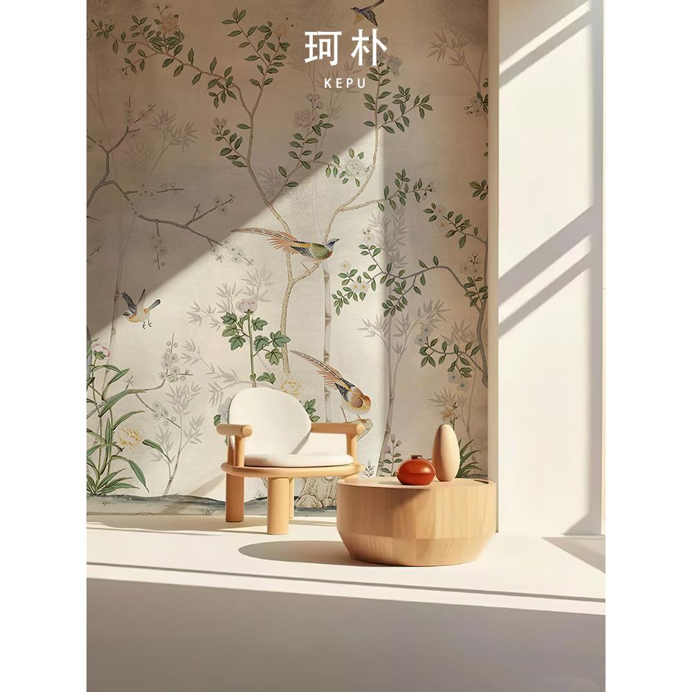 珂朴美式法式小花墙布电视背景墙壁纸现代简约花鸟中式定制壁画