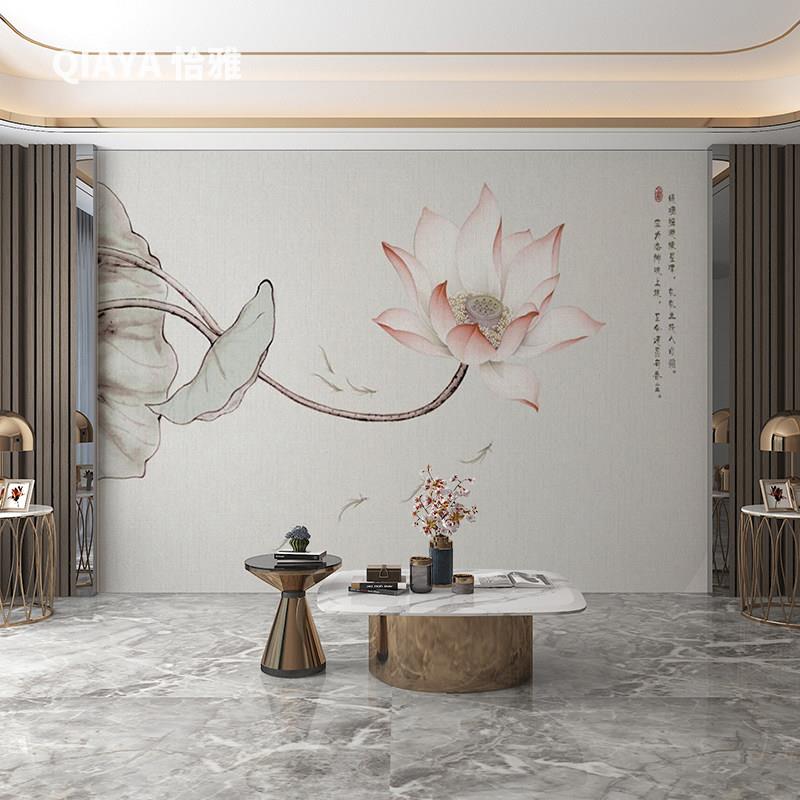 3d新中式工笔荷花国风电视壁纸卧室床头壁纸客厅影视墙布壁画