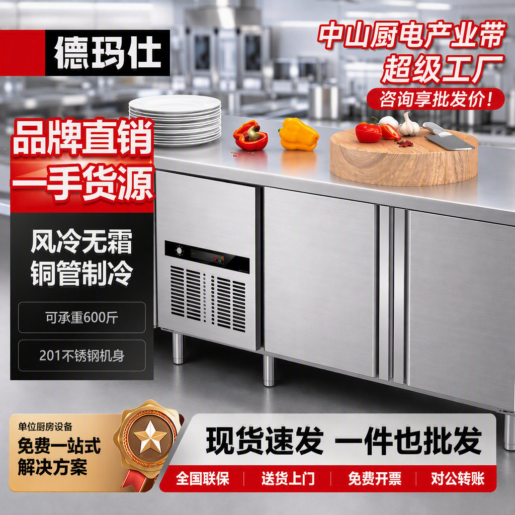 商用冷藏工作台铜管风冷无霜冷冻厨房饭店冰柜不锈钢保鲜平台雪柜