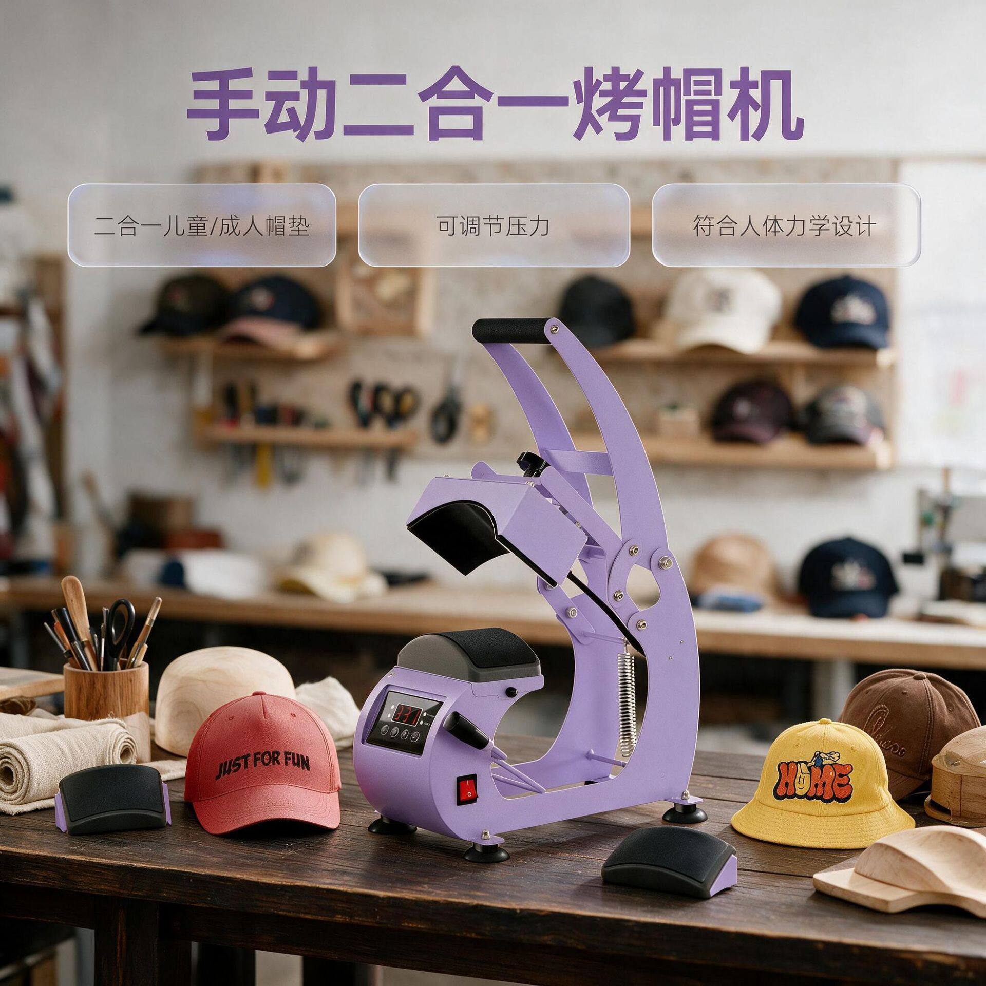 海外热销小型二合一手动烤帽机成人/儿童帽子压标烫画logo设备