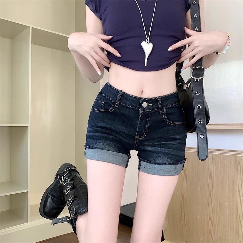 弹力深蓝色卷边牛仔短裤女夏季低腰性感美式大码胖mm包臀a字热裤