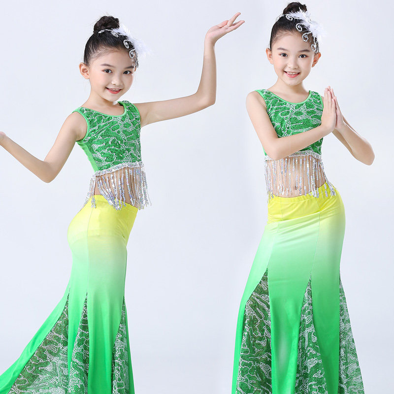 六一儿童演出服傣族舞蹈表演服孔雀舞艺考服女童民族亮片鱼尾长裙