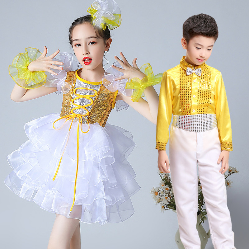 儿童演出服蓬蓬纱诗歌朗诵红歌大合唱开场舞蹈服啦啦操公主裙亮片